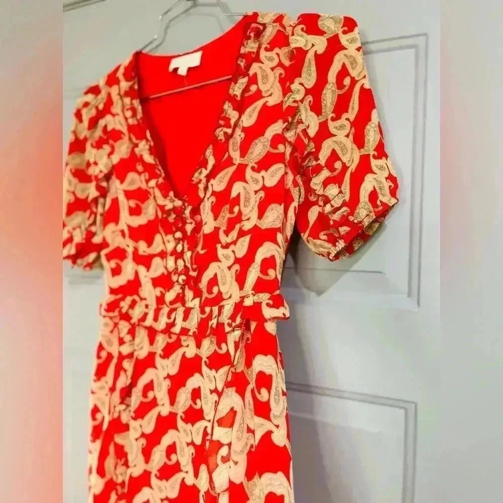 MELLODAY V-Neck Short Sleeve Paisley Print Midi Dress In Red Cream - Picture 5 of 11